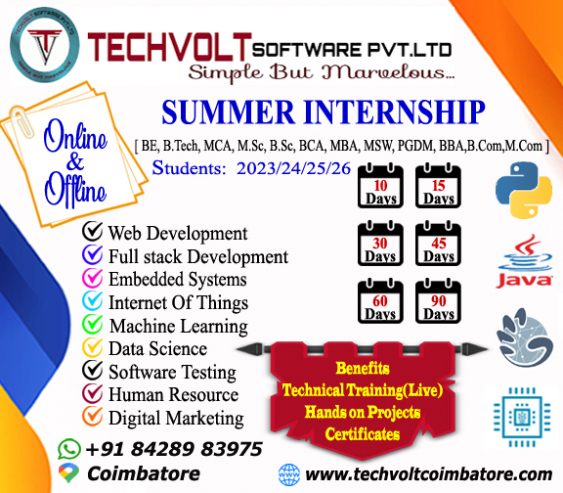 Online Offline Summer Internship|Techvolt Software| Coimbatore